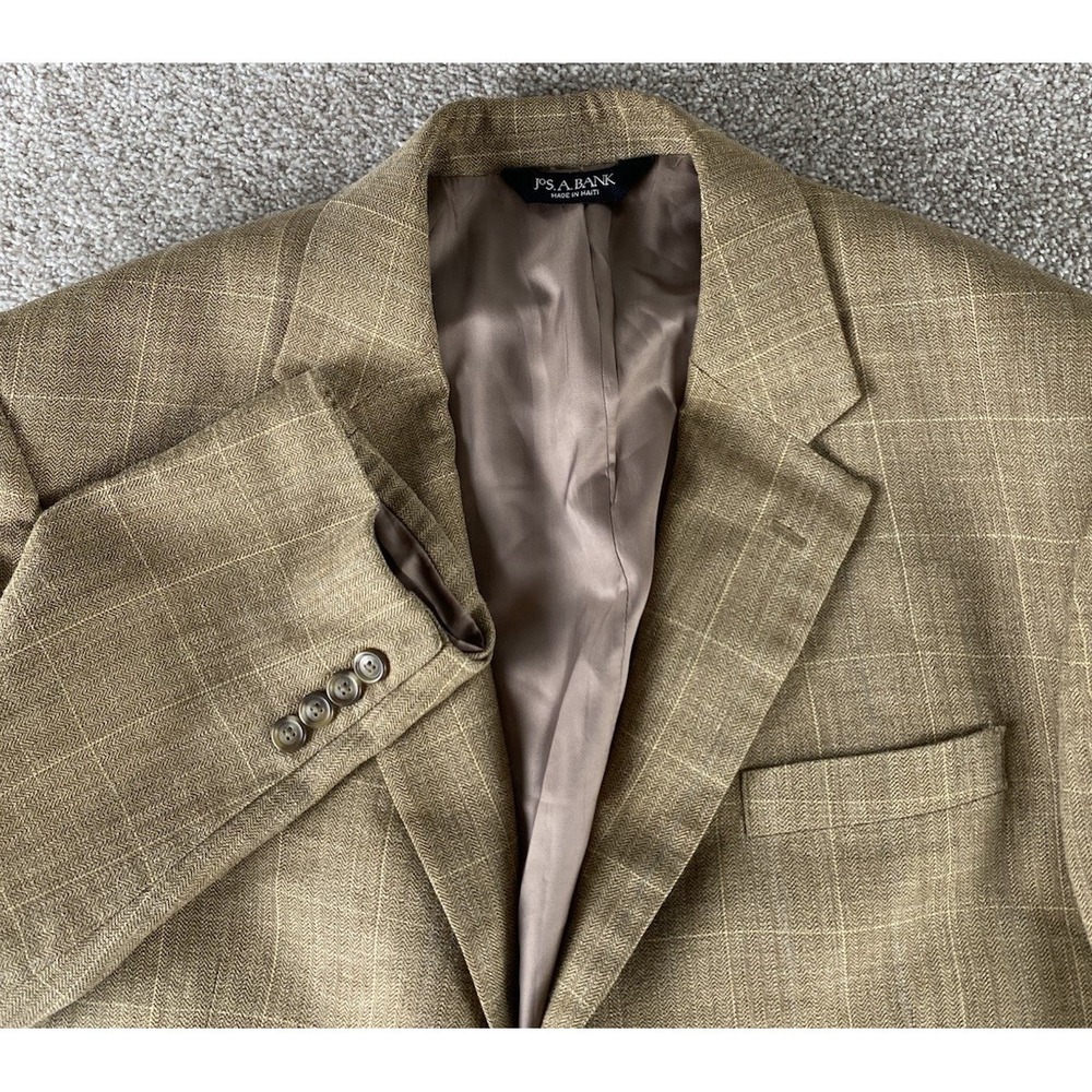 Jos A Bank Windowpane Beige Blazer 43R Silk/Linen/Wool Preppy Business Old Money